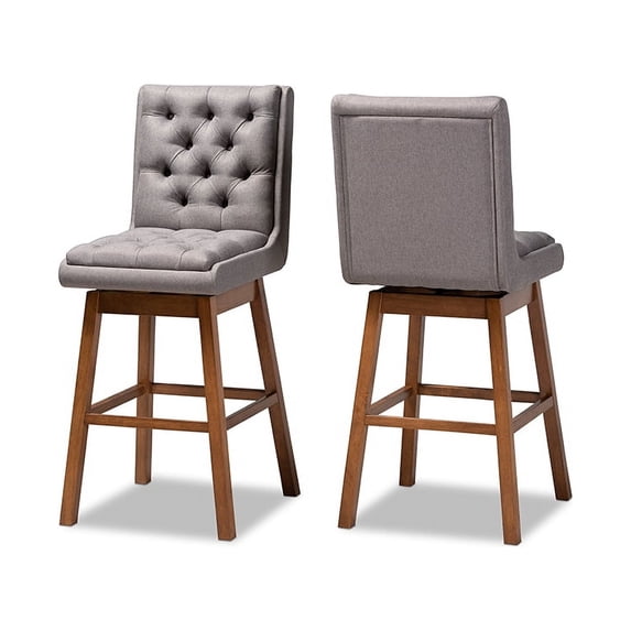 Transitional Grey Fabric Upholstered and Walnut Brown Finished Wood 2-Piece Swivel Bar Stool Set