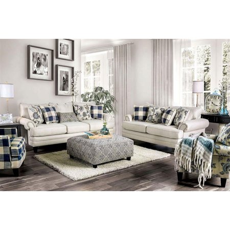 Transitional Ivory Linen-like Fabric Living Room Set 5pcs FOA Nash