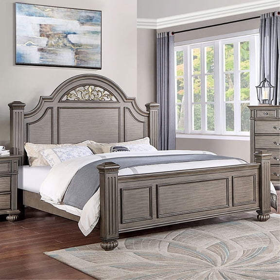 Transitional King Size Bed, Gray With Enrapturing Floral Headboard, Fluted Bed Posts, Wood Material, Foundation Essential Bedroom Exotic Structure, Required