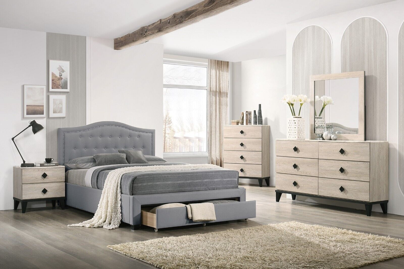 Transitional Light Gray Full Size Bed Dresser Mirror Nightstand 4pc Bedroom Set Tufted Burlap Fabric Storage Bed