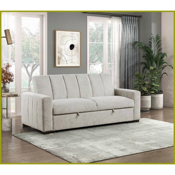 Transitional Light Gray Textured Fabric Convertible Sofa Bed - 85" Living Room Furniture with Pull-Out Sleeper