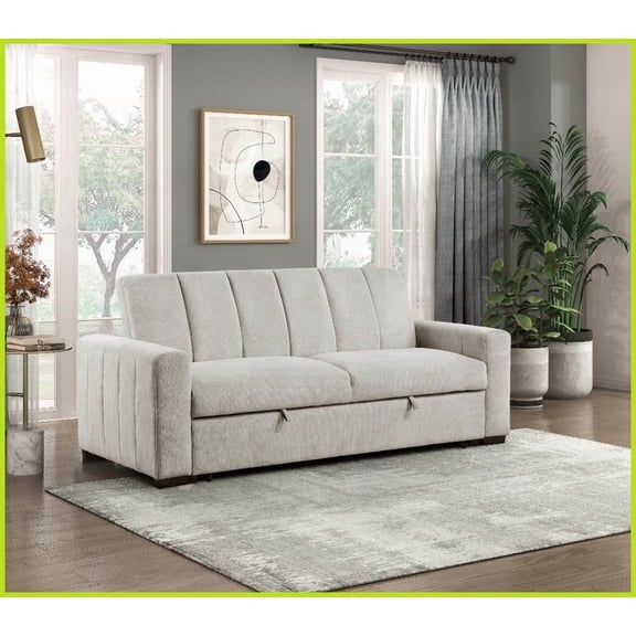 Transitional Light Gray Textured Fabric Convertible Sofa Bed - 85" Solid Wood Living Room Furniture
