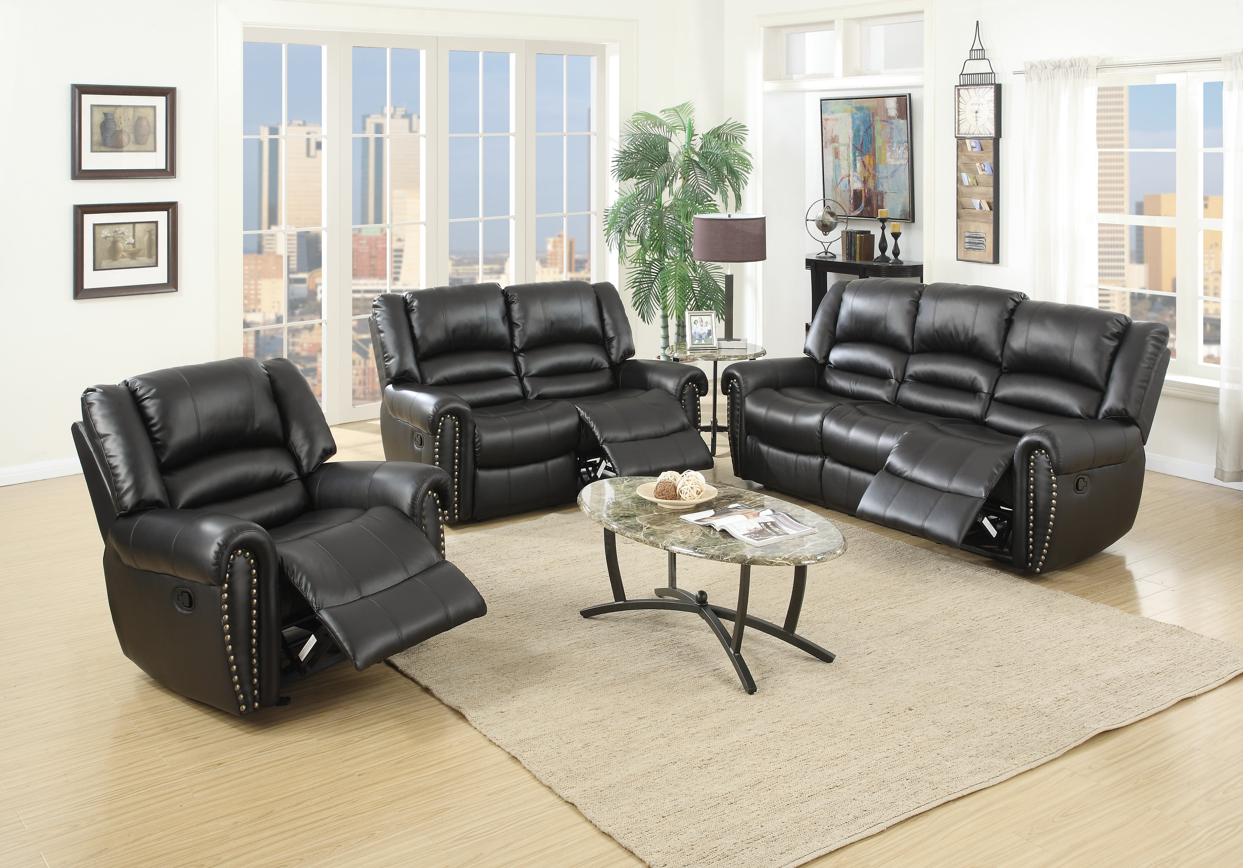 Transitional Living Room Furniture Formal Look 3pcs Motion Sofa set Black Bonded Leather Sofa Loveseat Chair
