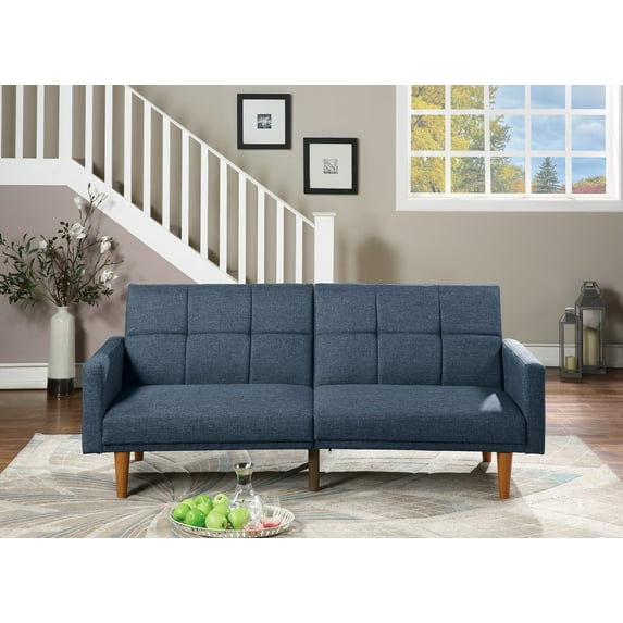 Transitional Look Living Room Sofa Couch Convertible Bed Navy Polyfiber 1Pc Tufted Sofa Cushion Wooden Legs