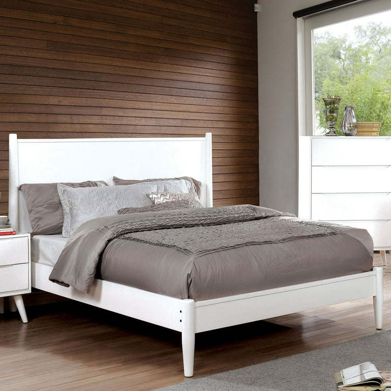 Transitional Mid Century Modern 1pc California King Size Bed Platform Style Bedframe Slats White Solid wood Tapered Legs Bedroom