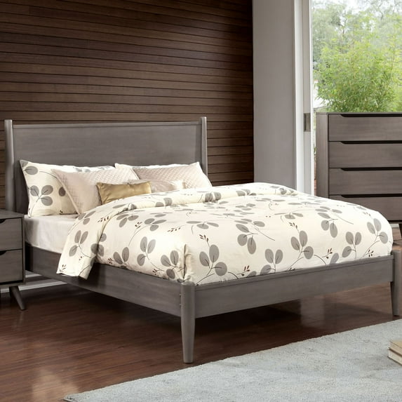 Transitional Mid-Century Modern 1pc Eastern King Size Bed Platform Style Bedframe Slats Gray Solid wood Tapered Legs Bedroom