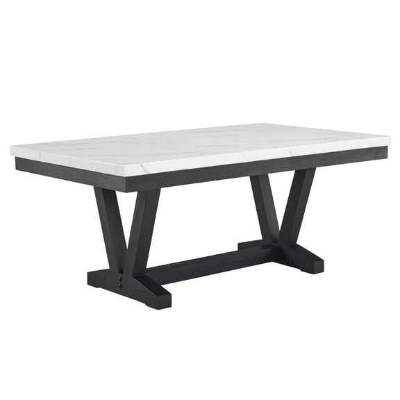 Transitional Modern Dining Table, 72"L, White Faux Marble Top, Black Trestle Base, Wooden Legs
