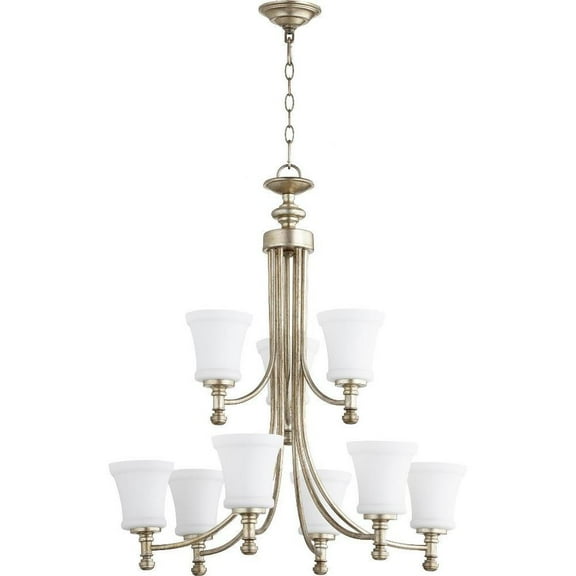 Transitional Nine Light Chandelier-Aged Silver Leaf Finish-Satin Opal Glass Color Bailey Street Home 183-Bel-2534894