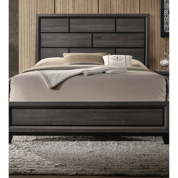 Transitional Queen Bed In Rustic Gray With Box Pattern And Rubberwood Antique Size Bed, Contemporary Style, Headboard, Plywood & Bedroom Furniture
