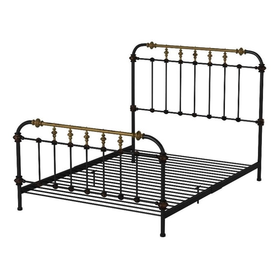 Transitional Queen Metal Bed, Black and Gold