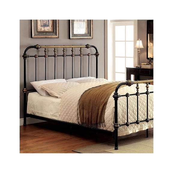 Transitional Queen Metal Bed, Black and Gold