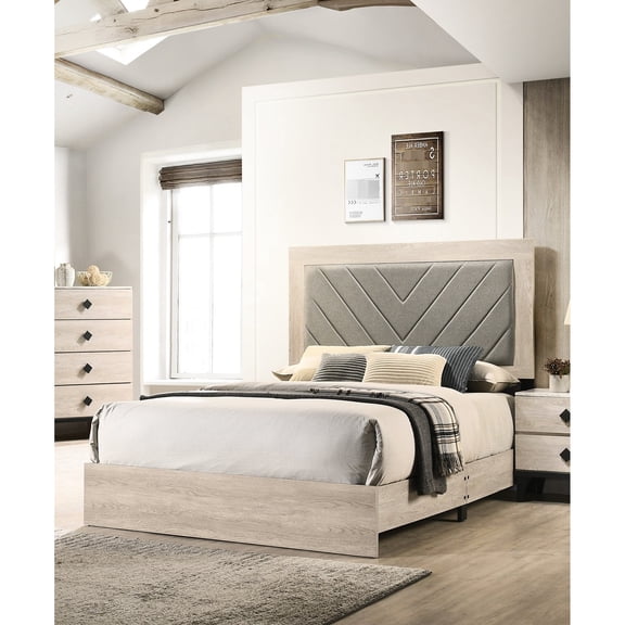 Transitional Queen Size Bed, Cream, Gray Headboard, Wooden Rubberwood Frame Bedroom Furniture, Construction
