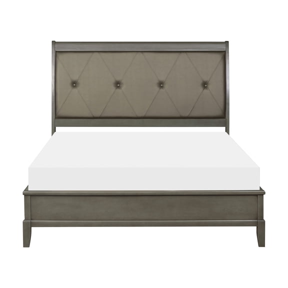 Transitional Queen Sleigh Bed, Gray Faux Leather Upholstered Headboard, Button-Tufted, Box Spring Required
