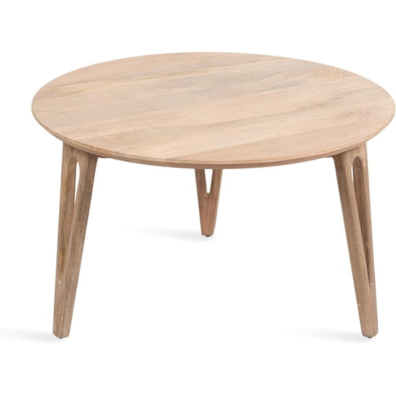 Transitional Round Coffee Table, 30 x 30 x 19, Natural Wood, Circle Living Room Table with Solid Mango Wood Construction and Tapered Hairpin Legs