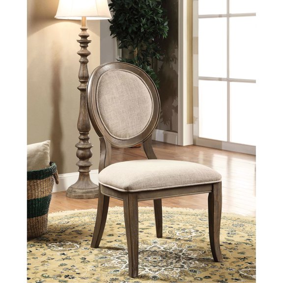 Transitional Rustic Oak Side Chairs, Beige Padded Fabric Seat, For Cozy Dining Room, Of 2 2 Elegant Design