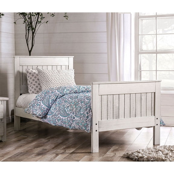 Transitional Simple Panel Headboard Footboard Queen Size Bed 1pc Bedframe Weathered White Pine Wood Bedroom Made in USA