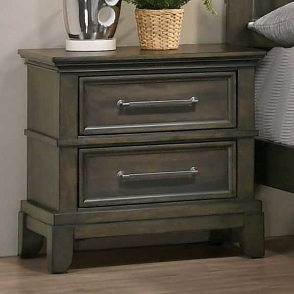 Transitional Solid Wood Nightstand In Gray, 2 Drawers, Pulls And Attractive Crown Molding Details Modern Gray Bedside Table With Molding, Drawers Dazzling Bar