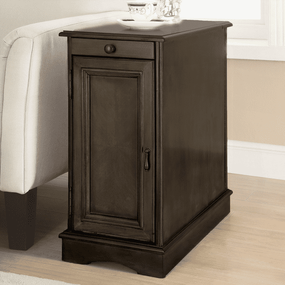 Transitional Solid Wood Side Table Storage Cabinet with Pull-Out Cup Holder & Built-In USB Outlet - Gray, 12W x24D x24H