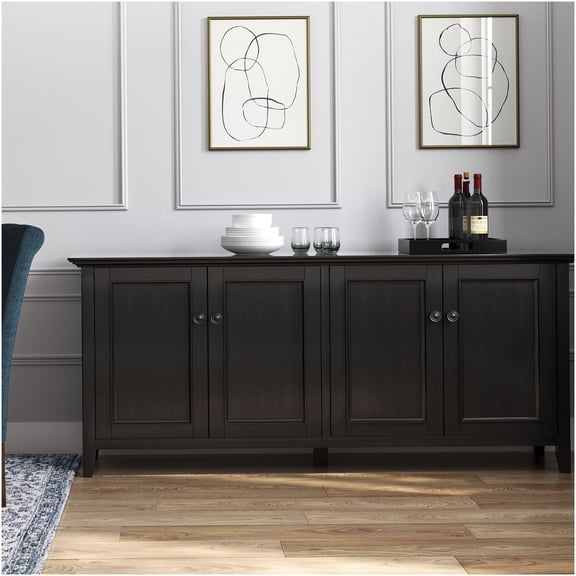 Transitional Solid Wood Storage Cabinet with 4 Doors, Dark Brown Finish for Dining Room & Living Room