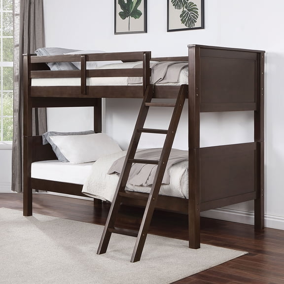 Transitional Solid Wood Twin Over Twin Bunk Bed in Walnut - Converts to 2 Beds, Mattress Ready, Safety Guardrails, Footboard Ladder - 81" L Bedroom Furniture