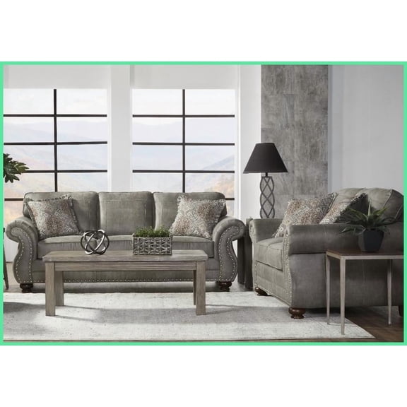 Transitional Stone Gray Faux Leather Sofa & Loveseat Set with Nailhead Trim for Living Room