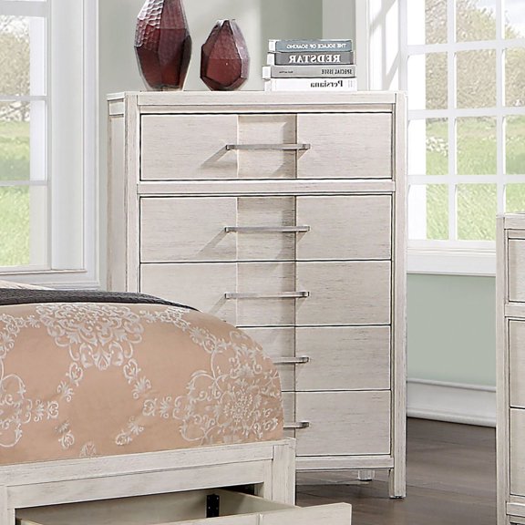 Transitional Style 1pc Chest English Dovetail Five Drawers Simple Design Curve Handles White Finish