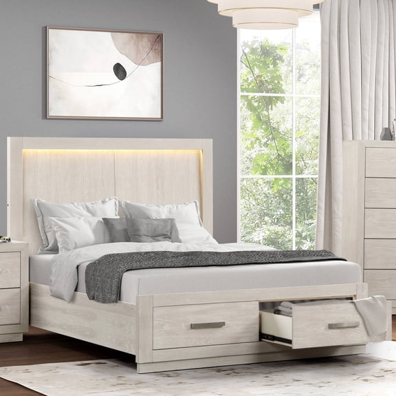 Transitional Style 1pc Eastern King Size Bed W Drawers FB LED HB Light Gray Bedroom Oak Veneer Bedframe