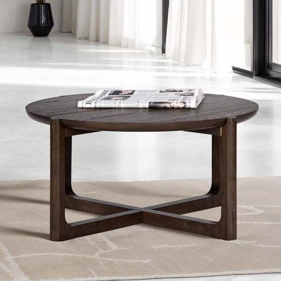 Transitional Style 36" Cocktail Table Trestle Base Wood Top Wire Brushed Dark Walnut Finish Primary Living Room