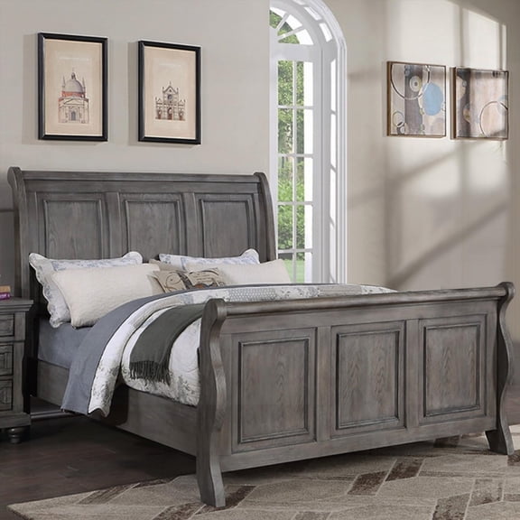 Transitional Style, Antique Gray Oak Headboard | California King Size Panel Bed