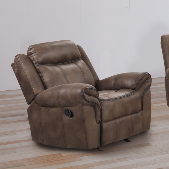 Transitional Style Contrast Welt Glider Recliner Pillow Top Arms Brown Finish Primary Living Room