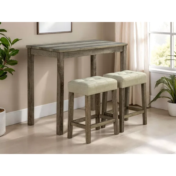 Transitional Style Dining Room Table 2x Stools 3pc Dining Set Brown Rubber wood Furniture Beige Tufted Seat