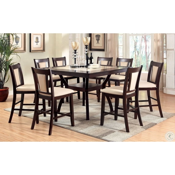 Transitional Style Dual Tone Ivory & Dark Cherry 9pc Set Dining Room Counter Height Table w Shelf 8x Side Chairs Dining Faux Marble Padded Chairs
