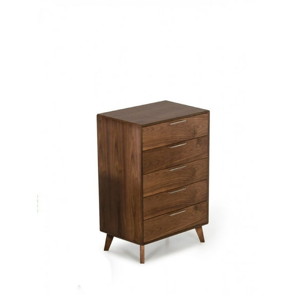 Transitional Style Five Drawers Wooden Chest with Stainless Steel Handles, Brown- Saltoro Sherpi