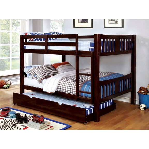 Transitional Style Full Over Full Bunk Bed Attached Ladder Solid Wood Form With Rails And Lock Joint Dark Walnut-Trundle Not Included