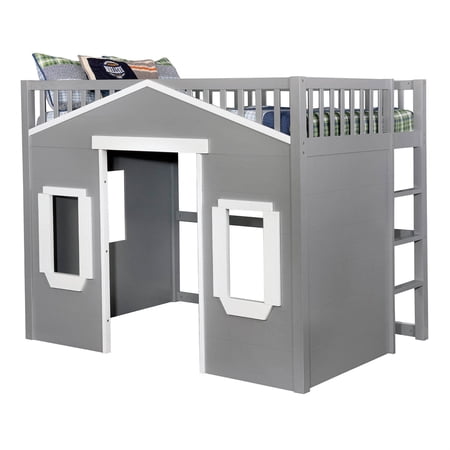 Transitional Style Full Sized Wooden Loft Bed with Hut Shaped Design, Gray