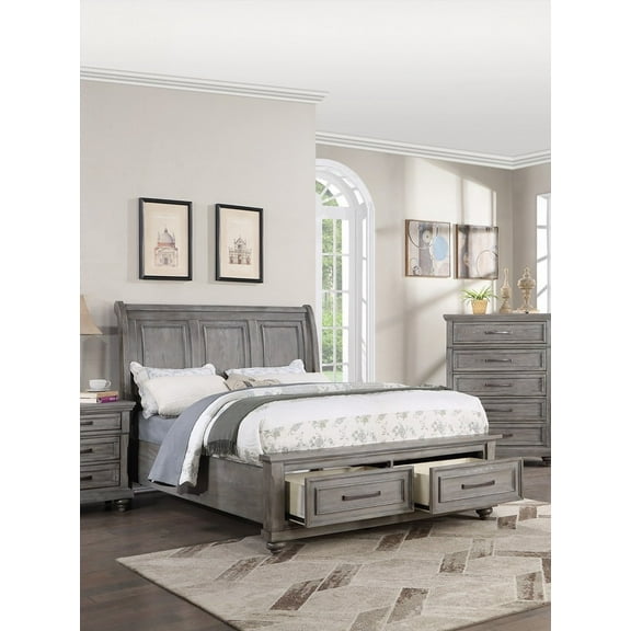 Transitional Style Gray King Bed w Under Drawer & Sleigh Headboard