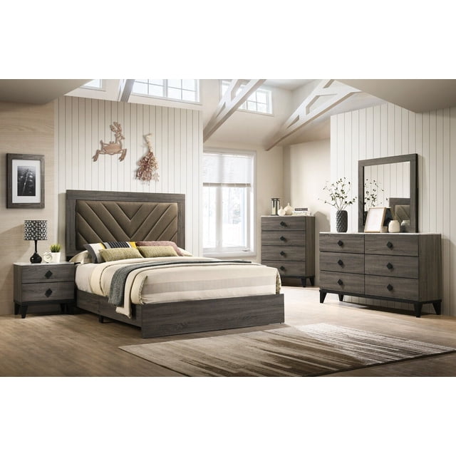 Transitional Style Grey California King Size Bed 4pc Set Dresser Mirror ...