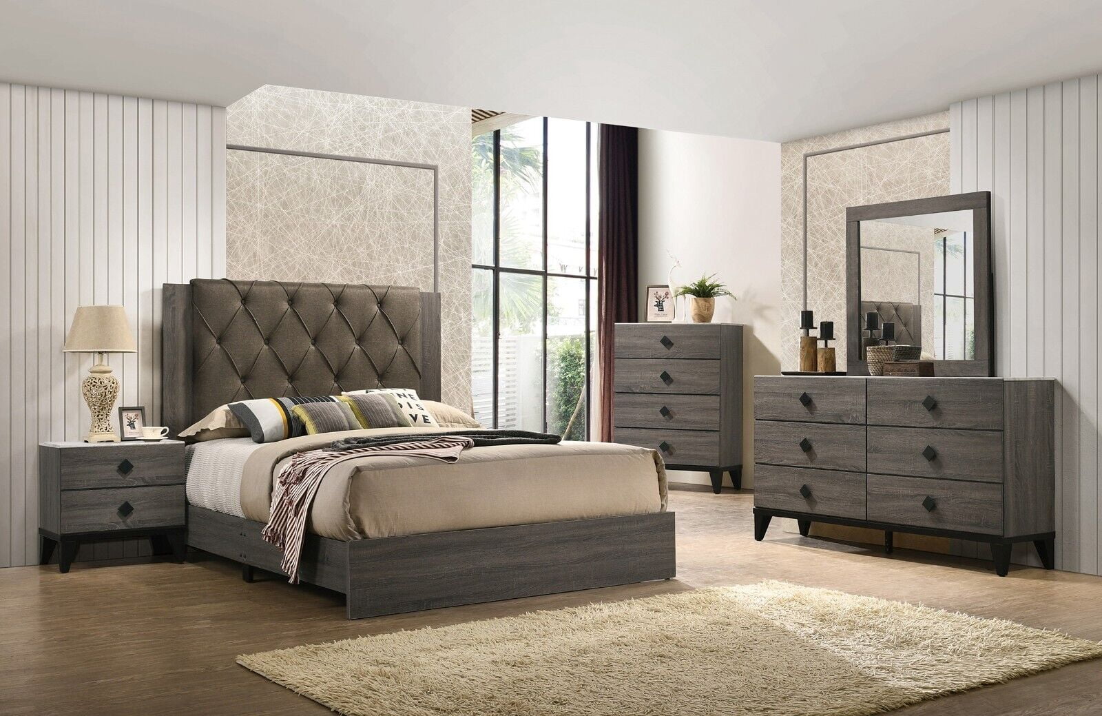 grey bed what color dresser Transitional Style Queen Size 4pc Set Mirror Nightstand Bedroom Furniture Wooden Home what colour goes with grey bedroom