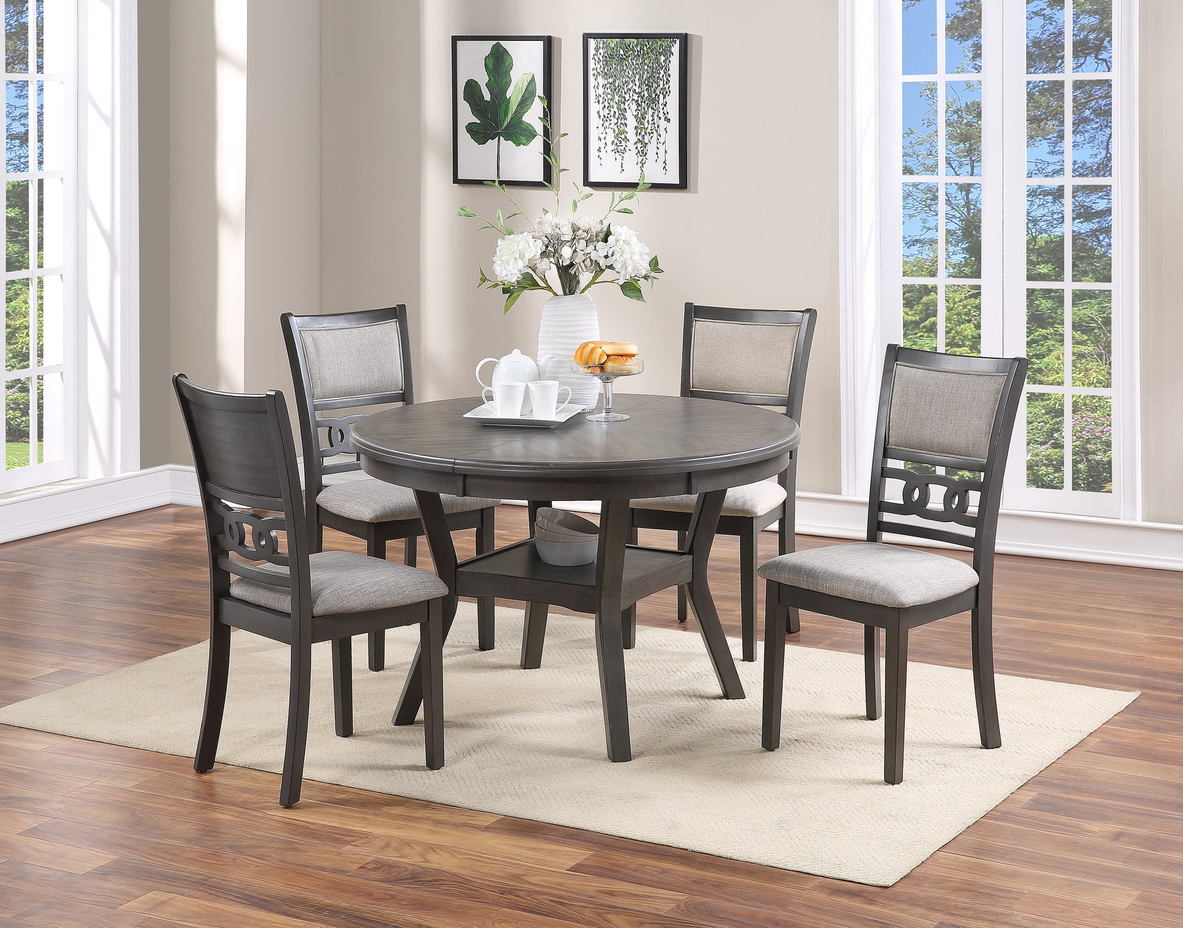 Transitional Style Grey Round Dining Table And 4 Side Chairs Dining ...
