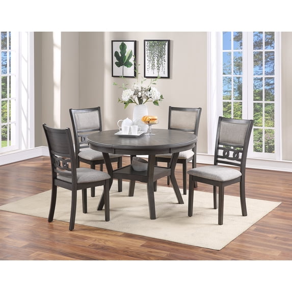 Transitional Style Grey Round Dining Table And 4 Side Chairs Dining Room Furniture 5pc Dining Rubberwood MDF Fabric Cushion