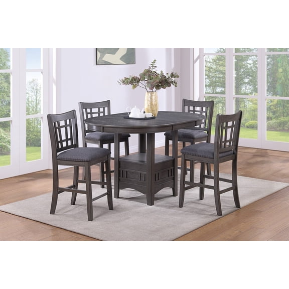 Transitional Style Kitchen Dining 5pc Set Counter Height Table w Leaf 4 high Chairs Gray Cushion Seat Solid wood Veneers