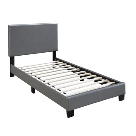 Benzara Upholstered Faux Leather Twin Size Bed with Block Leg in Gray