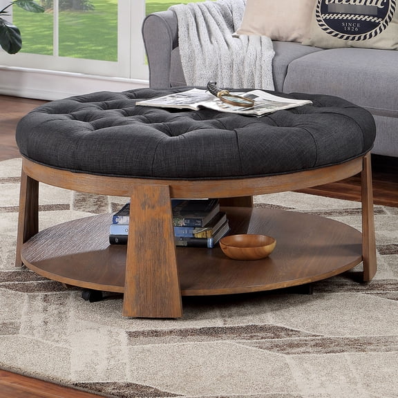 Transitional Style With Linen Padded Seat, Deep Button Tufting And Open Bottom Shelf, Wood Veneer, Natural Tone/dark Gray Contemporary Solid Base, Linen-like Upholstery, Tone