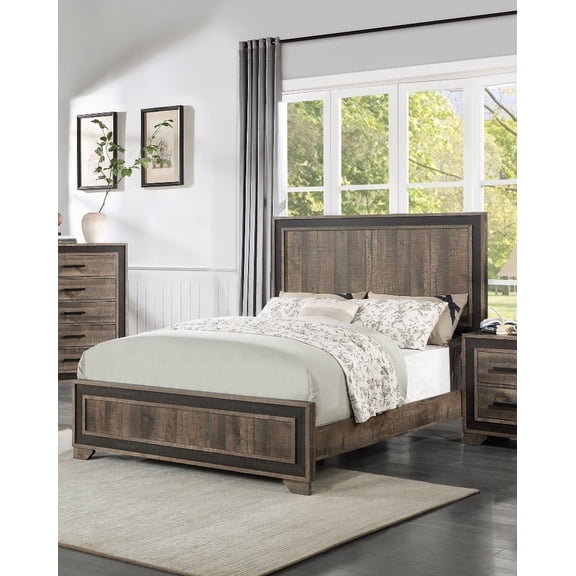 Transitional Style Oak Finish High Headboard Queen Size Bed