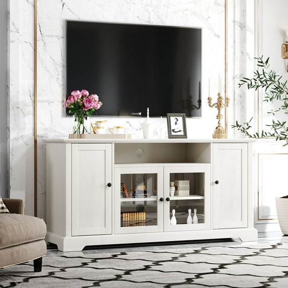 Transitional Style TV Stand for TV up to 65in with 2 Tempered Glass Doors and Adjustable Shelves, White - 1 Unit