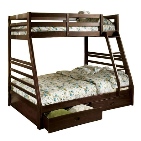 Transitional Style Twin Over Full Bunk Bed with Drawers, Walnut Brown - Saltoro Sherpi