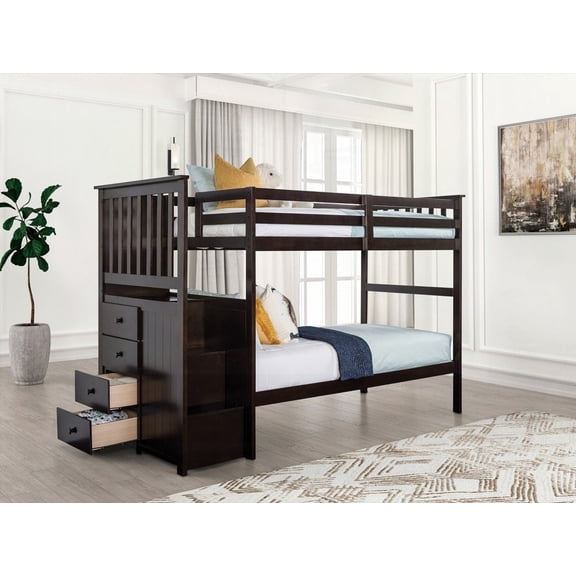 Twin Over Twin Bunk Bed in Espresso with Front Side Steps and 4 Under Storage Drawers in Transitional Style