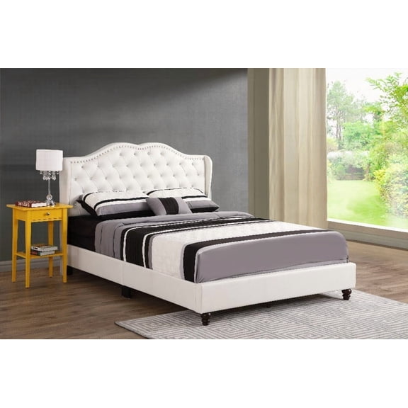 Transitional Style White Queen Bed Has 50"H x 66"W x 86"D Dimensions & Cozy Soft Upholstery