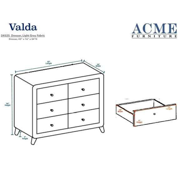 Acme Furniture Valda Dresser, Light Gray Fabric