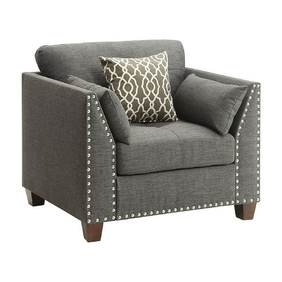 Transitional Style Wood and Linen Chair with 3 Pillows in Gray